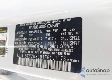 2014 Hyundai Santa Fe Sport 2.4L z USA, uszkodzony, nr VIN 5XYZU3LB1EG191178